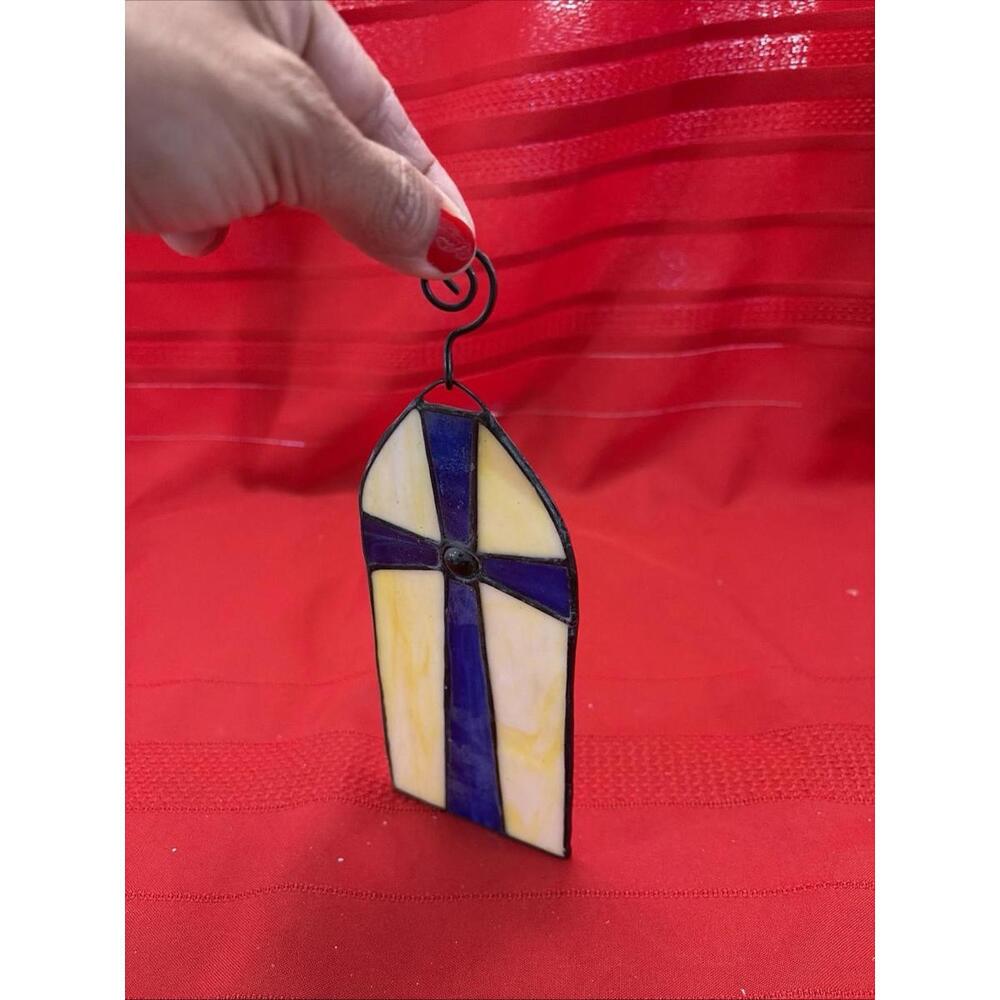 Blue Cross Stained Glass Cross Ornament Christmas Decoration - Picture 2 of 4